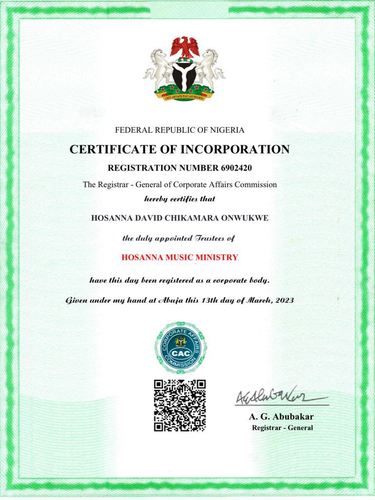 Hosanna Music Ministry Certificate of Incorporation